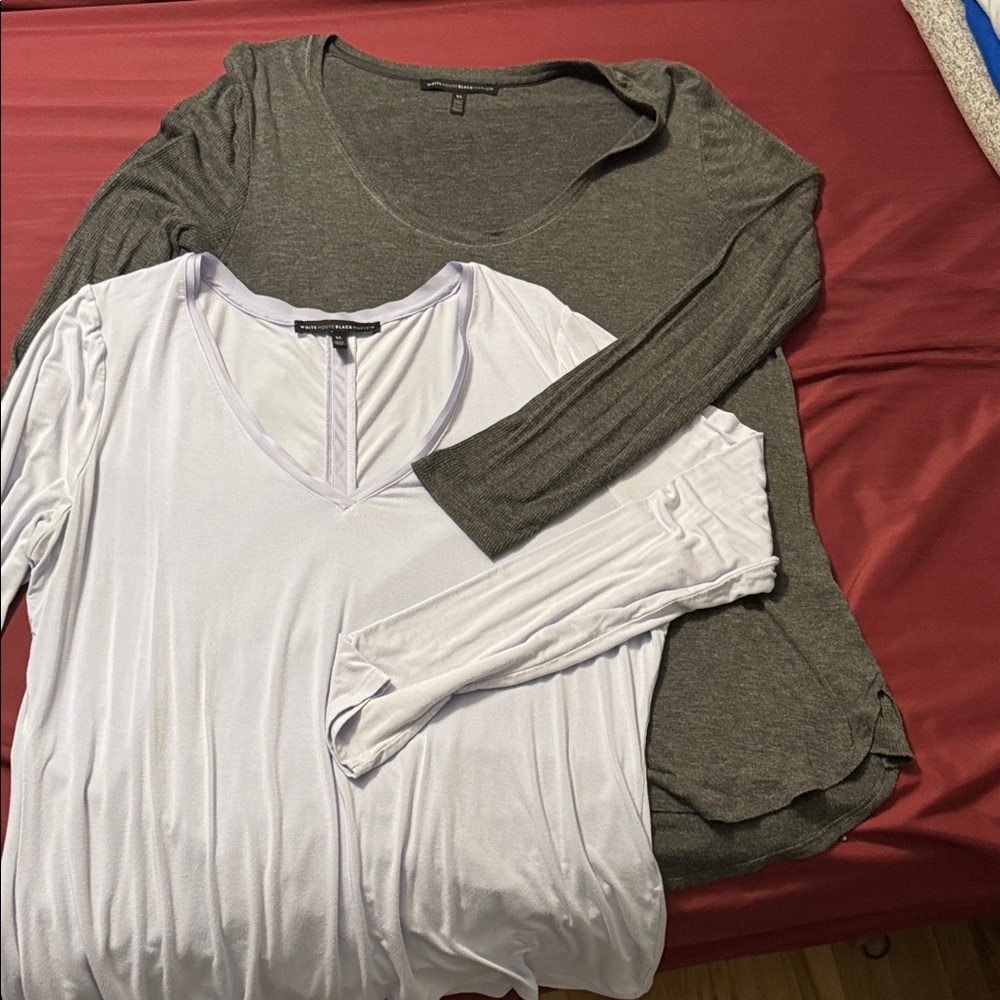 White House Black Market Long-Sleeve V-Neck Tops in Light Lavender and grey